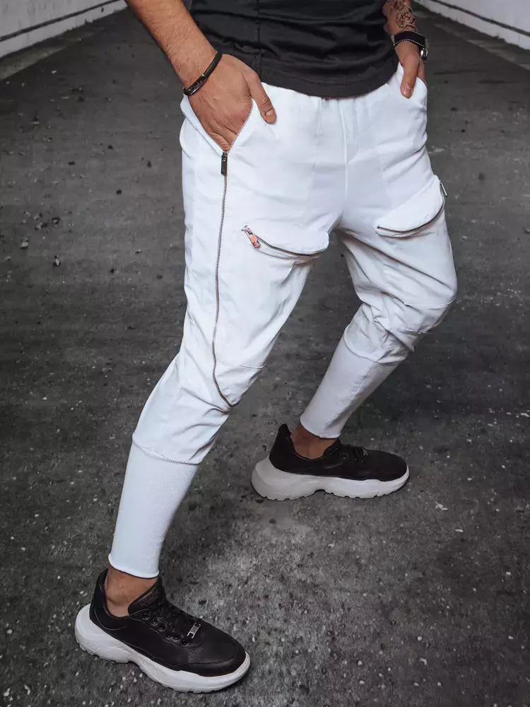 Biele jogger nohavice s ozdobnými zipsami