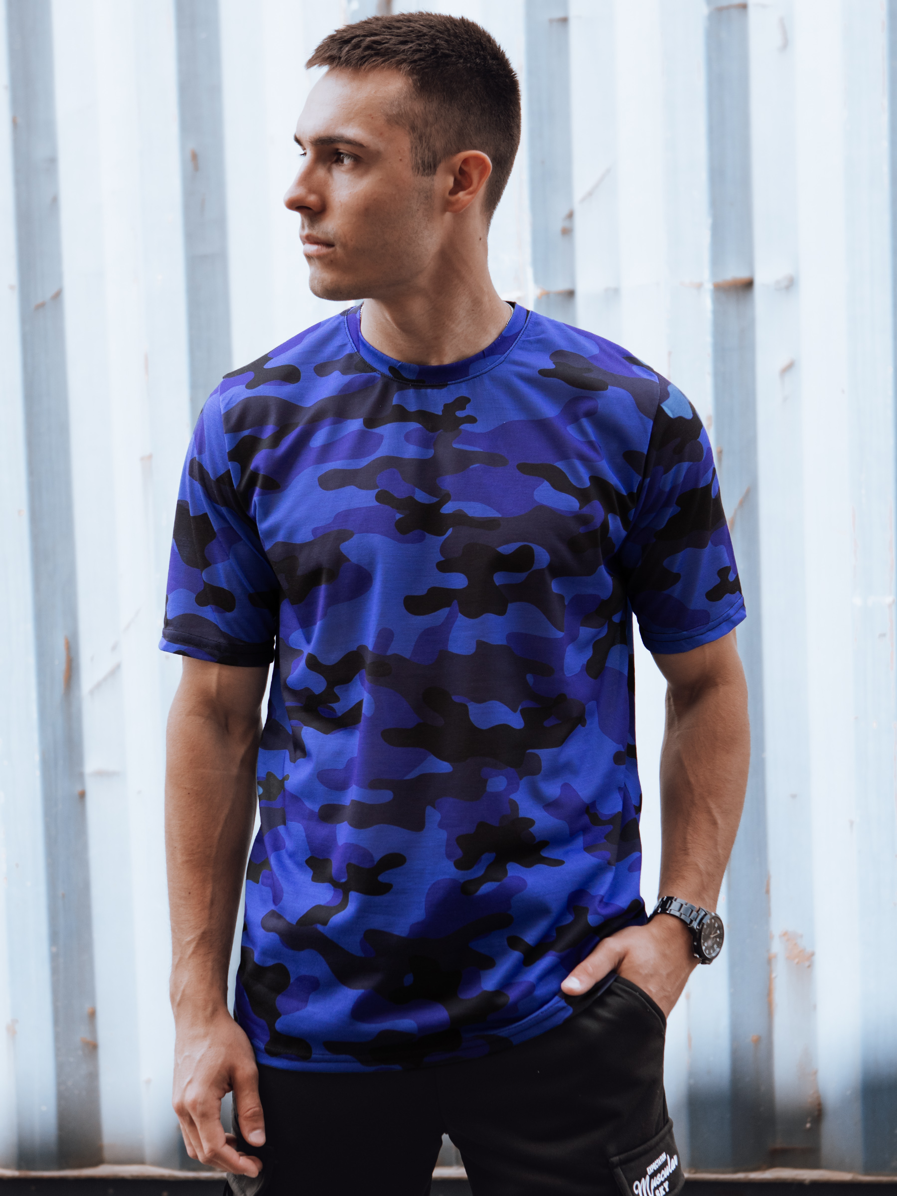 Pánske modré camo tričko Dstreet RX5595