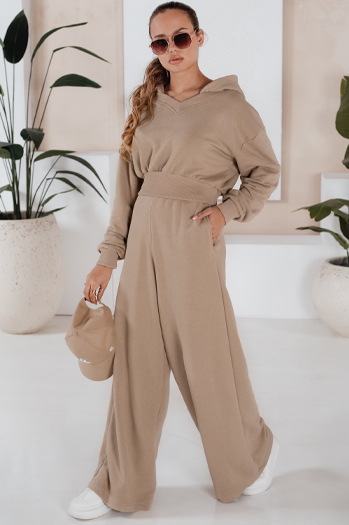 Komplet damski spodnie wide leg i bluza MINALIA beżowy Dstreet AY0918