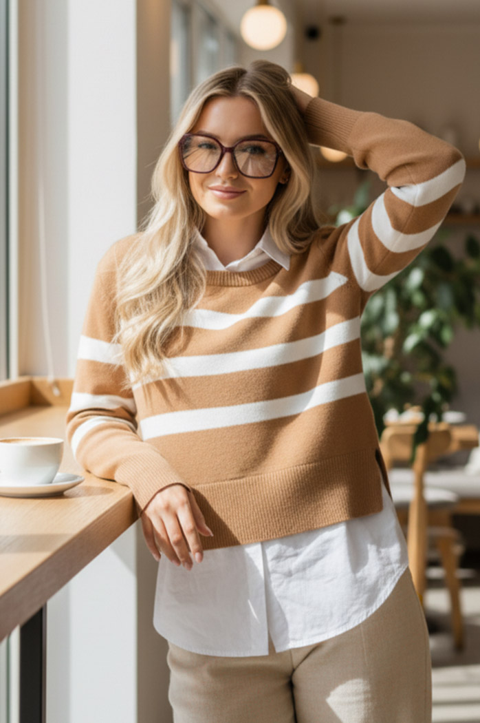 Sweter damski w paski ASTRIDA kamelowy Dstreet MY2226