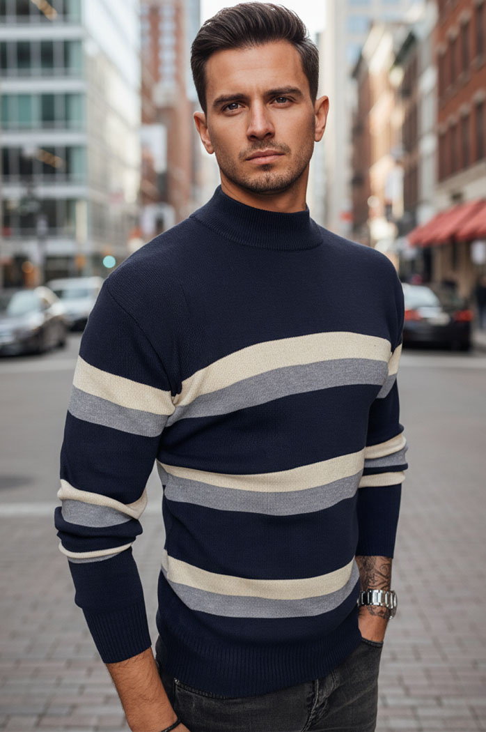 Sweter męski półgolf w paski granatowy Dstreet WX2126