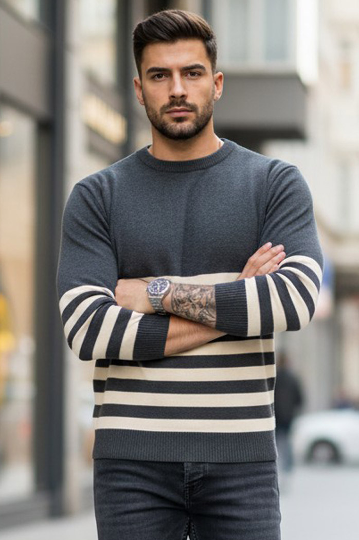 Sweter męski w paski ciemnoszary Dstreet WX2133