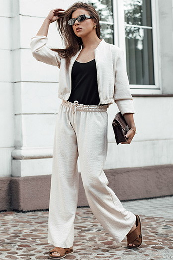 Spodnie damskie wide leg MADDIE jasnobeżowe Dstreet UY2131