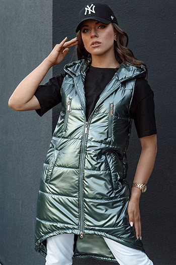 Kamizelka damska pikowana z kapturem długa MERIS ciemnozielona Dstreet TY4425