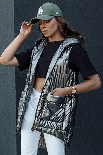 Kamizelka damska pikowana długa z kapturem JESS ciemnoszara Dstreet TY4446