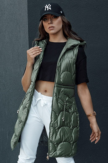 Kamizelka pikowana damska z kapturem długa CHARMVEST zielona Dstreet TY4453