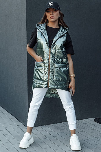 Kamizelka damska pikowana długa z kapturem JESS zielona Dstreet TY4454