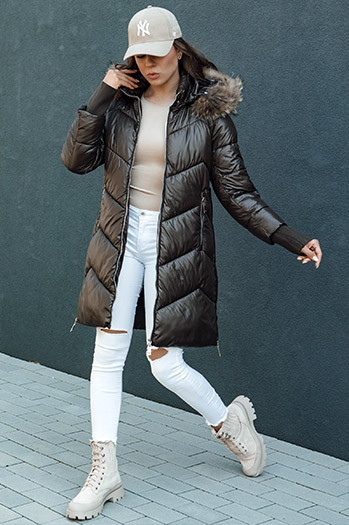 Kurtka zimowa damska pikowana futerko z kapturem LAGOON brązowa Dstreet TY4500