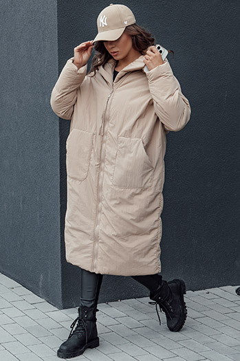 Kurtka damska zimowa długa oversize z kapturem MELVIN ciemnobeżowa Dstreet TY4509