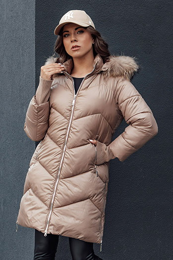 Kurtka zimowa damska pikowana futerko z kapturem LAGOON kamelowa Dstreet TY4516