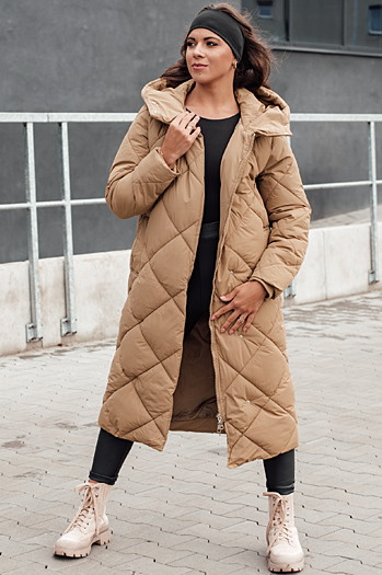 Kurtka zimowa damska pikowana z kapturem FEMACOAT beżowa Dstreet TY4592