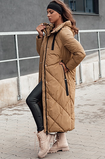Kurtka damska zimowa długa pikowana z kapturem STREETFIT beżowa Dstreet TY4598