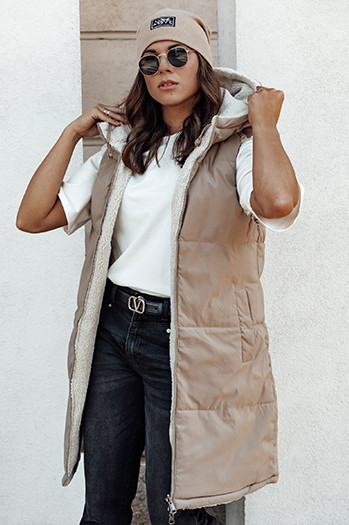 Kamizelka damska COSYVIVA długa z kapturem pikowana beżowa Dstreet TY4602