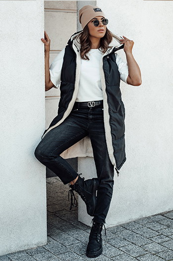 Kamizelka damska COSYVIVA długa z kapturem pikowana czarna Dstreet TY4603