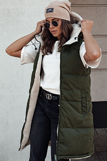 Kamizelka damska COSYVIVA długa z kapturem pikowana zielona Dstreet TY4604