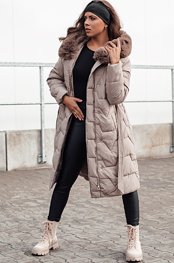 Płaszcz zimowy damski pikowany z kapturem ELENESS beżowy Dstreet TY4614