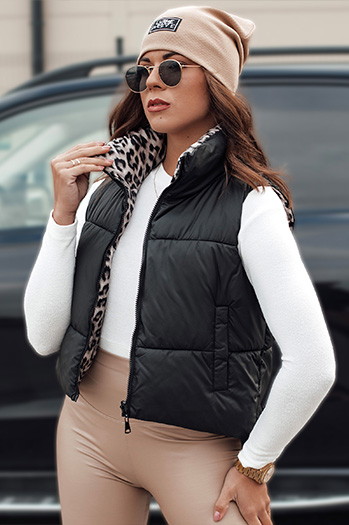 Kamizelka damska LEOVELLA przejściowa krótka pikowana dwustronna czarna Dstreet TY4649