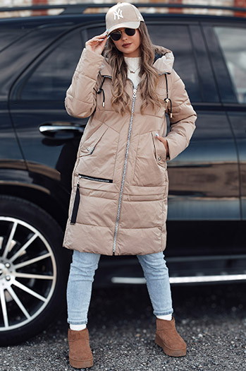 Kurtka zimowa damska NORFFI długa pikowana z kapturem beżowa Dstreet TY4662