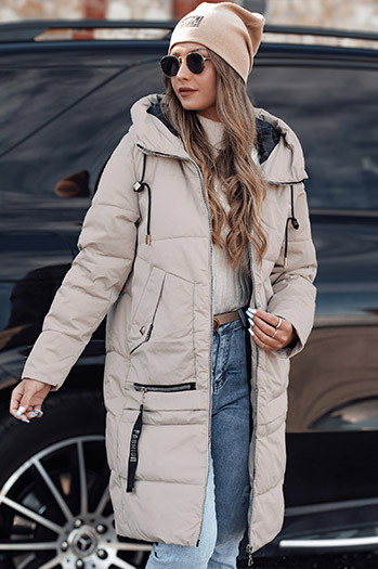 Kurtka zimowa damska NORFFI długa pikowana z kapturem jasnobeżowa Dstreet TY4664