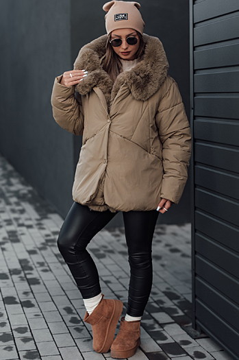 Kurtka damska zimowa LUNAVI pikowana z futerkiem jasnobeżowa Dstreet TY4665