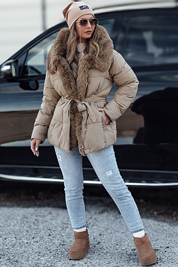 Kurtka damska zimowa FURSOFT pikowana z kapturem beżowa Dstreet TY4668