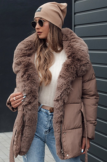 Kurtka damska zimowa FURSOFT pikowana z kapturem ciemnobeżowa Dstreet TY4669