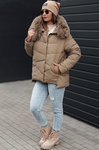 Kurtka damska zimowa FIXMIX pikowana z kapturem beżowa Dstreet TY4673