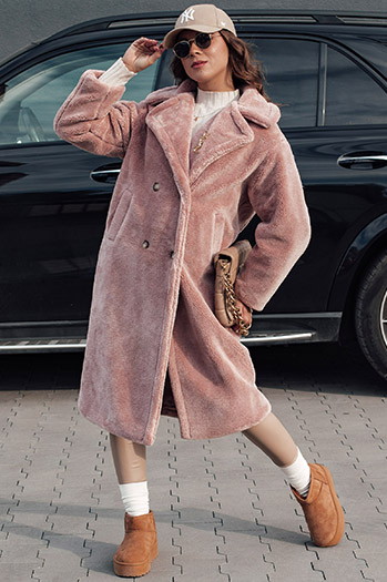 Płaszcz damski zimowy LUXERII długi futerkowy różowy Dstreet TY4689