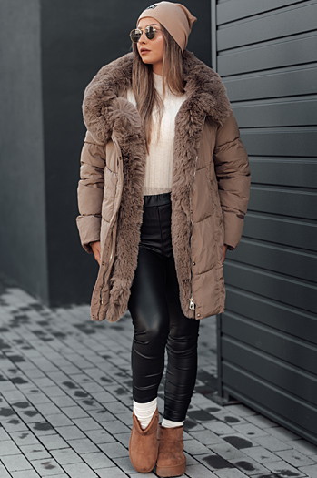 Kurtka damska zimowa MORISIO długa pikowana z kapturem ciemnobeżowa Dstreet TY4701