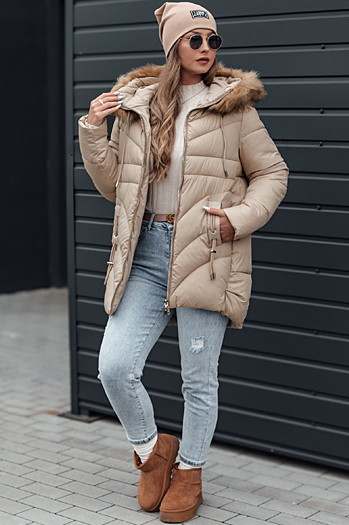 Kurtka damska zimowa MELOMA pikowana z kapturem jasno beżowa Dstreet TY4714