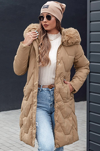 Kurtka damska zimowa VEONI długa pikowana z kapturem jasno beżowa Dstreet TY4718