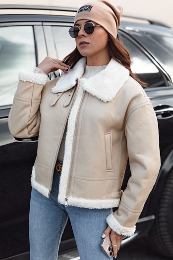 Kurtka skórzana damska z kożuchem FURBLAZE Dstreet beżowa TY4731