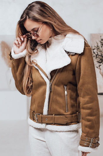 Kurtka damska LEVERINO zamszowa z kożuszkiem kamelowa Dstreet TY4733