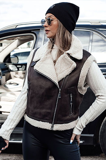 Kamizelka damska zamszowa z kożuszkiem WOOLZIP brązowa Dstreet TY4746