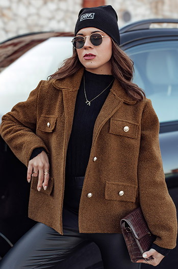 Płaszcz damski oversize CLASSIVO krótki brązowy Dstreet NY0697