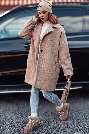 Płaszcz damski PLUSHLINE baranek długi beżowy Dstreet NY0711