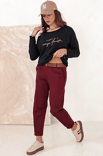 Spodnie damskie chinosy one size ELEGANTENO z paskiem bordowe Dstreet UY2256