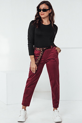 Spodnie damskie one size LEOCINCIN z paskiem bordowe Dstreet UY2261