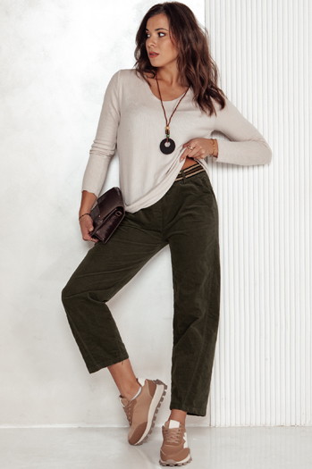 Spodnie damskie sztruksowe one size FEMCORD z paskiem oliwkowe Dstreet UY2283