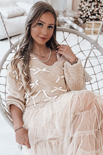 Sweter damski RIBBLOOM w kokardki ciemnobeżowy Dstreet MY2359