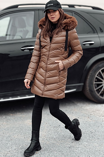 Kurtka zimowa damska pikowana z kapturem CRYSTAL jasnobrązowa Dstreet TY4774