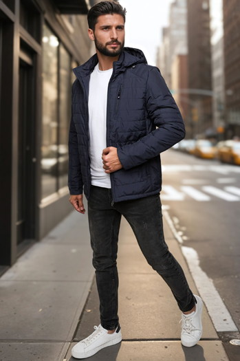 Kurtka męska przejściowa pikowana z kapturem granatowa Dstreet TX5004