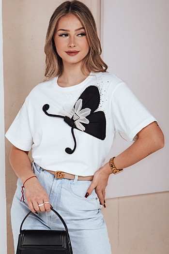 T-shirt damski ze zdobieniem PEARLI biała Dstreet RY2718