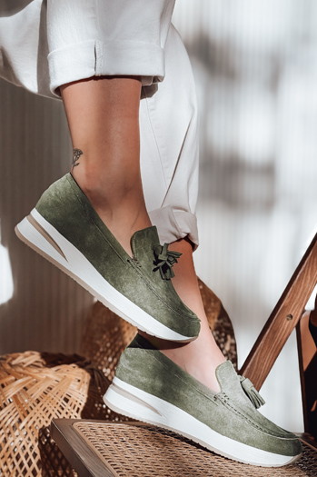 Mokasyny damskie na lekkim koturnie MOCCKO zielone Dstreet ZY0716