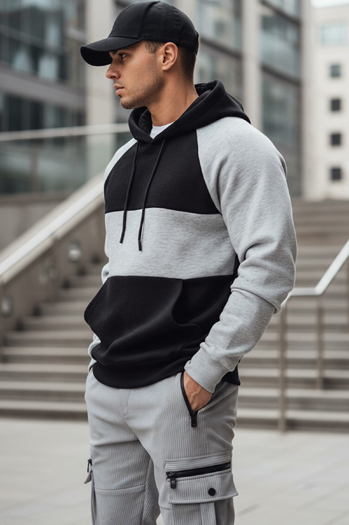 Bluza męska basic z kapturem w szaro-czarne paski Dstreet BX5902