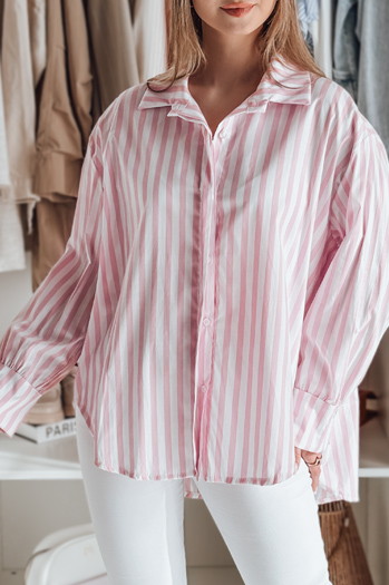 Koszula damska oversize z dłuższym tyłem SAMONE w różowo-białe paski Dstreet DY0462