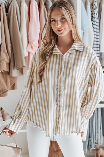 Koszula damska oversize z dłuższym tyłem SAMONE w beżowo-białe paski Dstreet DY0463