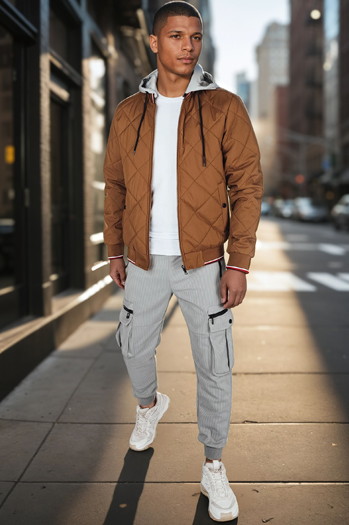 Kurtka męska przejściowa pikowana z kapturem kamelowa Dstreet TX5011