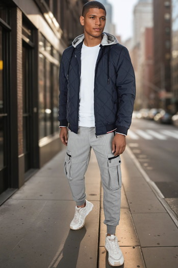 Kurtka męska przejściowa pikowana z kapturem niebieska Dstreet TX5012