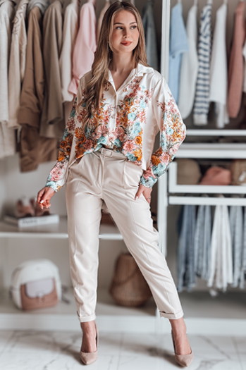Koszula damska oversize w kwiaty BLOSSIVA jasnobeżowa Dstreet DY0464